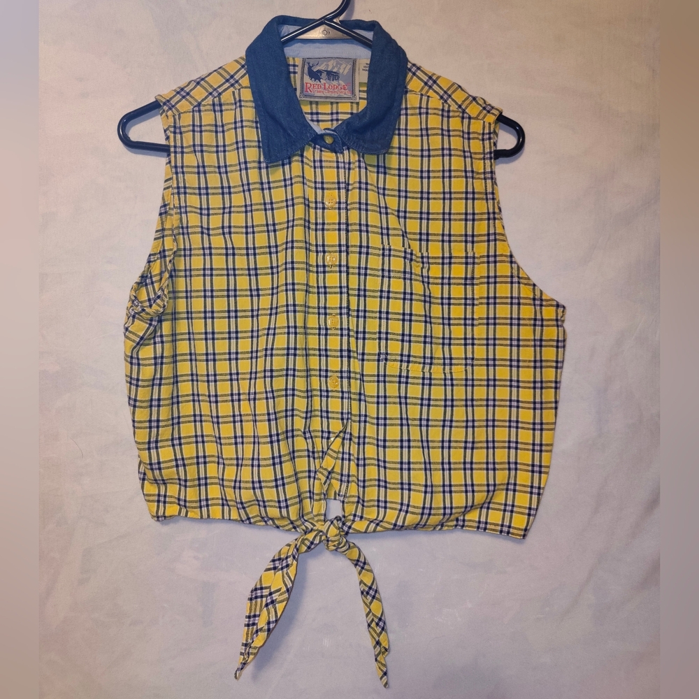 Retro Plaid Tie-Front Blouse - Yellow and Blue